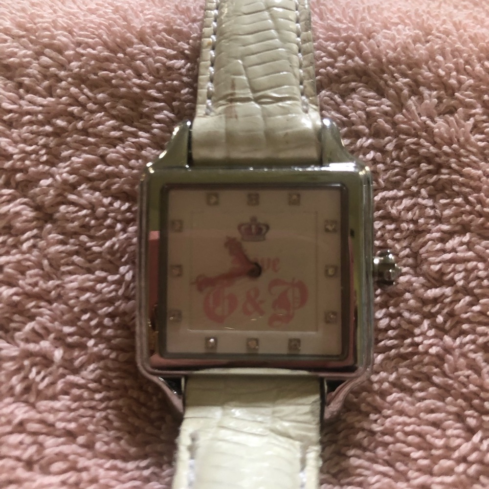 Vintage Juicy Couture Square Silver-Tone Watch with White Croc Strap